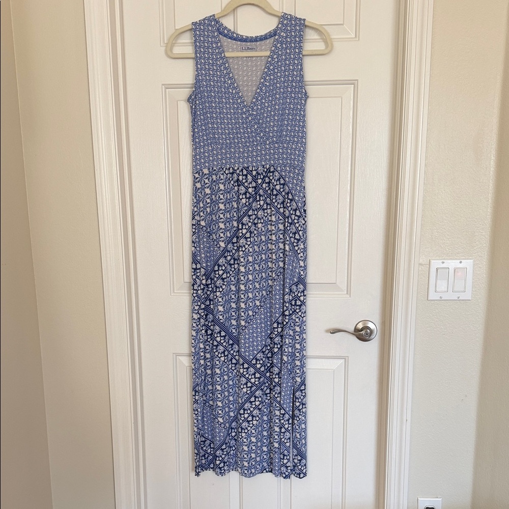 L.L. Bean Blue and White Geometric Maxi Dress
